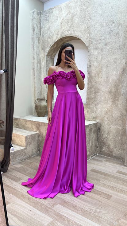 Fuchsia Chest Rose Detail Design Satin Evening Dress