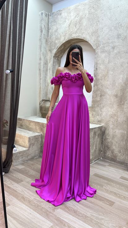 Fuchsia Chest Rose Detail Design Satin Evening Dress