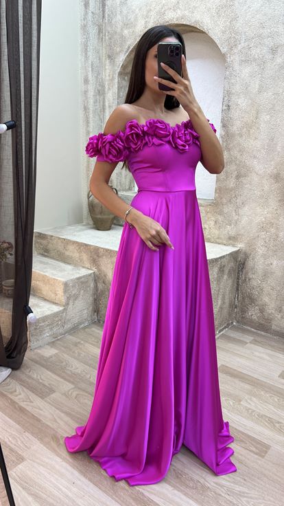 Fuchsia Chest Rose Detail Design Satin Evening Dress