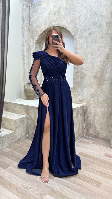 Navy Blue One Sleeve Shoulder Detail Plus Size Evening Dress