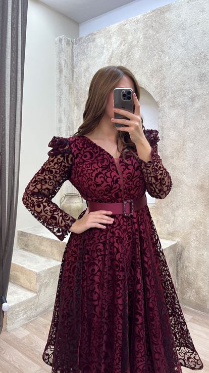 Bordeaux V -Ceck Flog Stamping Abito Da Sera Di Grandi Dimensioni