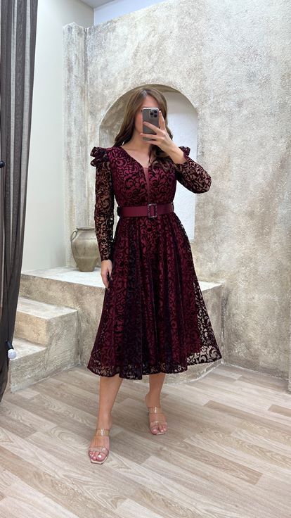 Bordeaux V -Ceck Flog Stamping Abito Da Sera Di Grandi Dimensioni