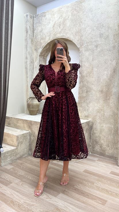 Bordeaux V -Ceck Flog Stamping Abito Da Sera Di Grandi Dimensioni