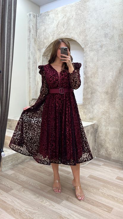 Bordeaux V -Ceck Flog Stamping Abito Da Sera Di Grandi Dimensioni