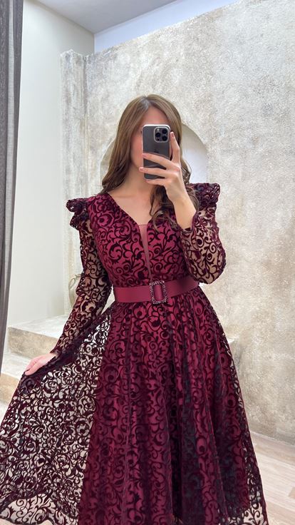 Bordeaux V -Ceck Flog Stamping Abito Da Sera Di Grandi Dimensioni