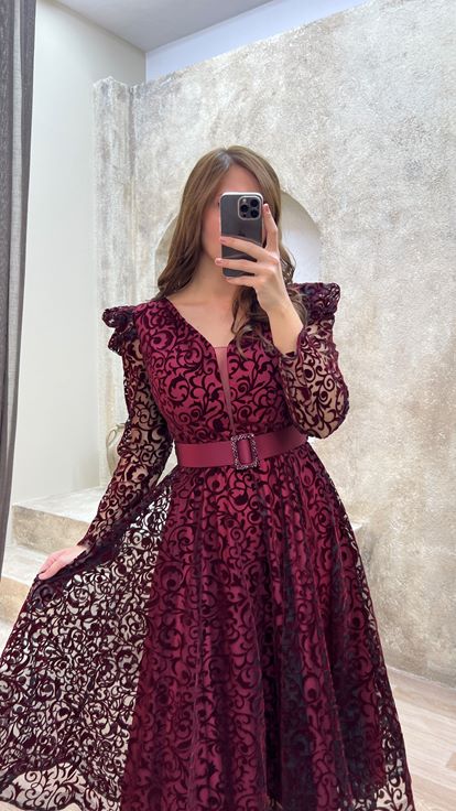 Bordeaux V -Ceck Flog Stamping Abito Da Sera Di Grandi Dimensioni