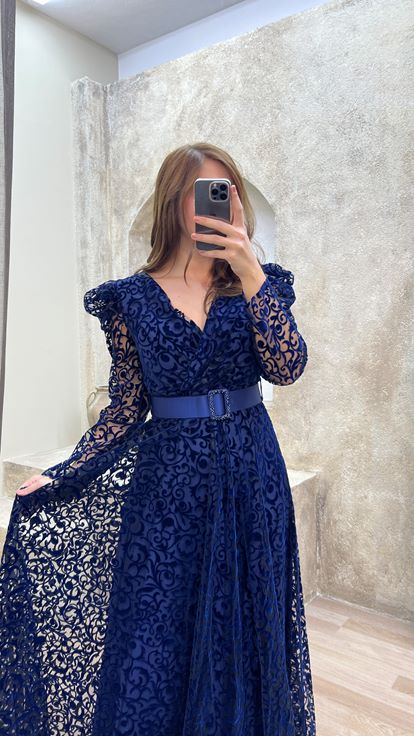Navy Blue Belted Flog Print Plus Size Evening Dress