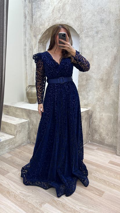 Navy Blue Belted Flog Print Plus Size Evening Dress