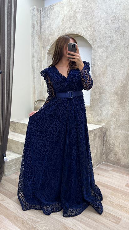 Navy Blue Belted Flog Print Plus Size Evening Dress
