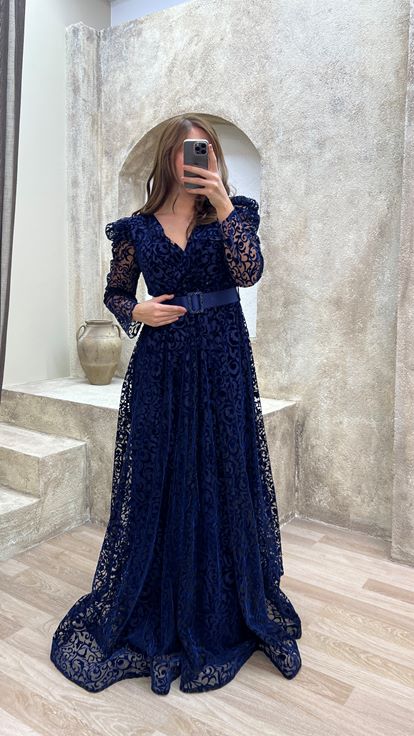 Navy Blue Belted Flog Print Plus Size Evening Dress