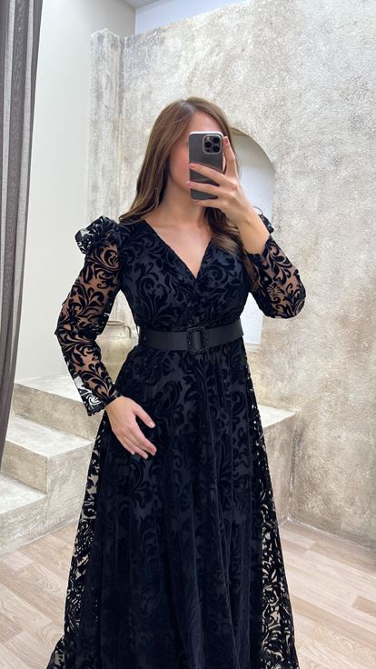 Siyah Kemerli Flog Baskı Büyük Beden Abiye