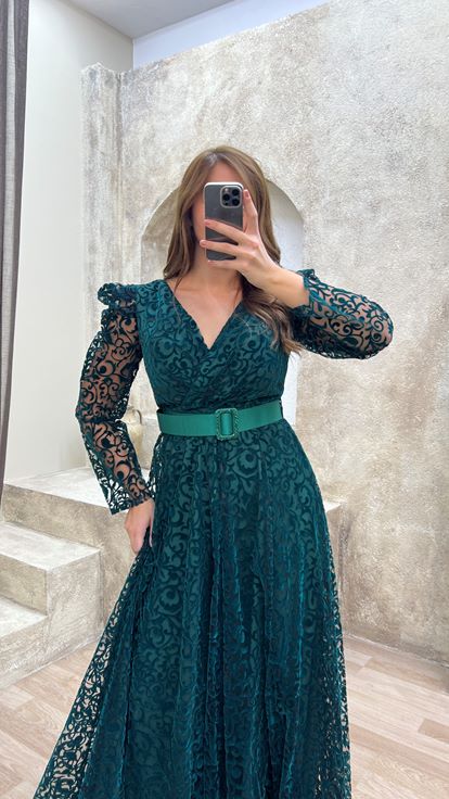 Emerald Belted Flog Print Plus Size Evening Dress