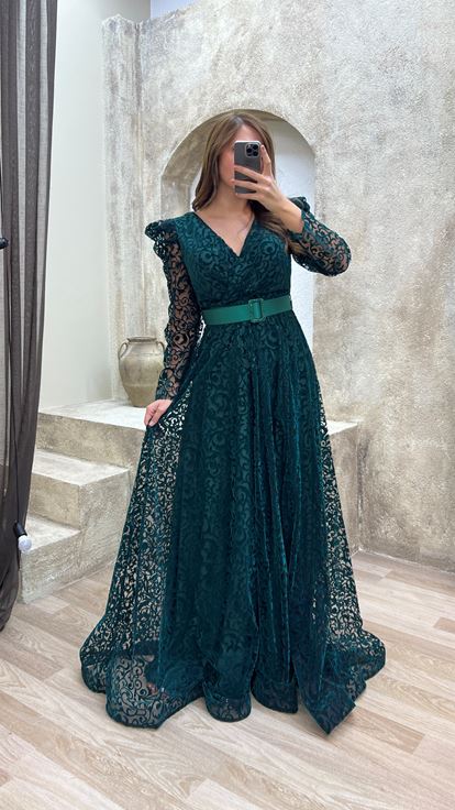 Emerald Belted Flog Print Plus Size Evening Dress