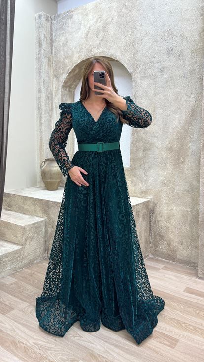 Emerald Belted Flog Print Plus Size Evening Dress