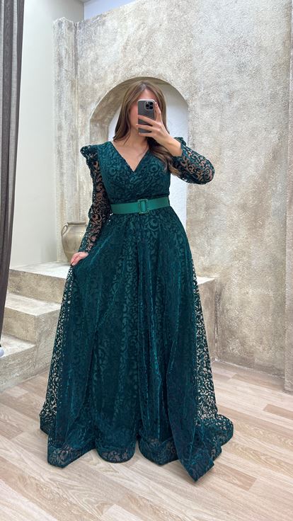 Emerald Belted Flog Print Plus Size Evening Dress