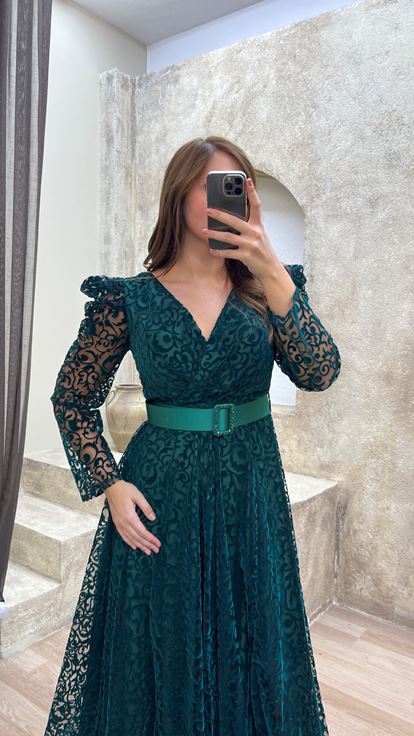Emerald Belted Flog Print Plus Size Evening Dress