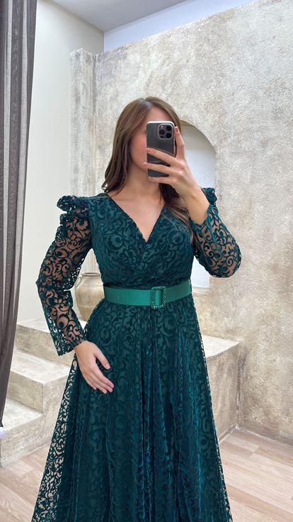 Emerald Belted Flog Print Plus Size Evening Dress