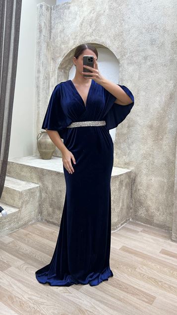 Navy Blue V-Neck Waist Detail Design Velvet Plus Size Evening Dress
