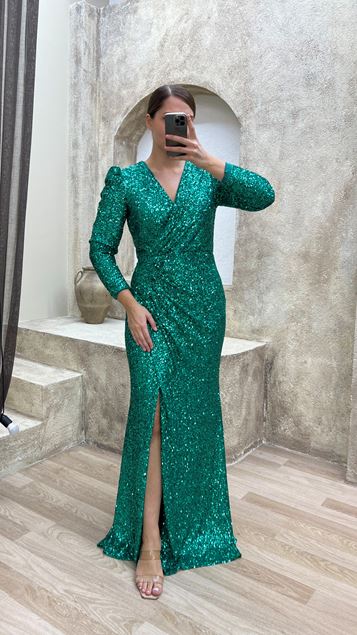 Smaragdgrünes Abendkleid mit V-Ausschnitt und Pailletten in Übergröße