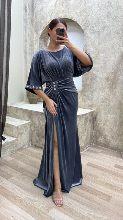 Grey Waist Detail Embroidered Design Velvet Plus Size Evening Dress