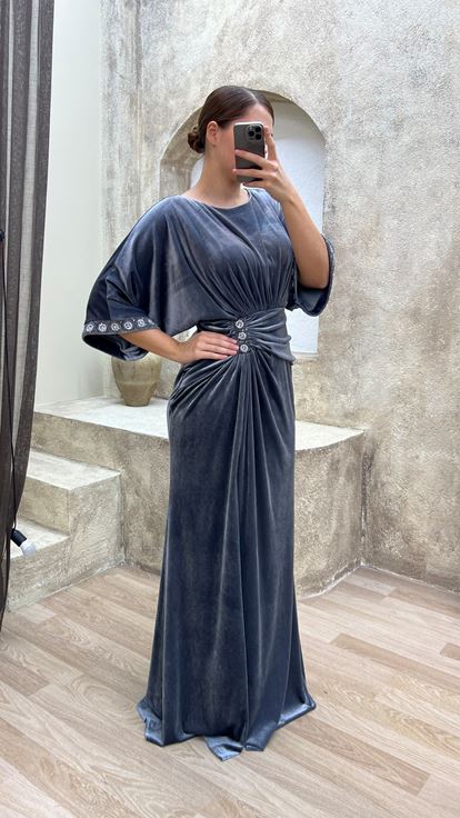 Grey Waist Detail Embroidered Design Velvet Plus Size Evening Dress