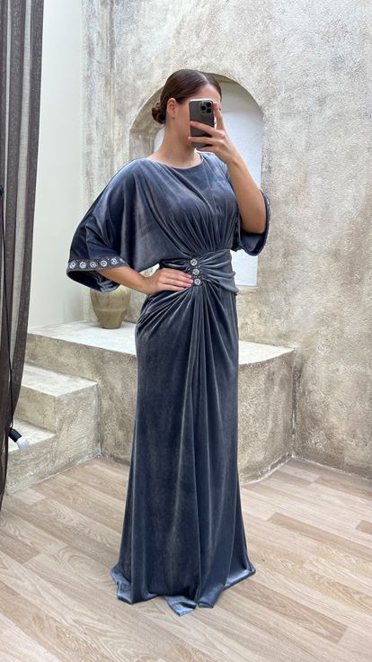 Grey Waist Detail Embroidered Design Velvet Plus Size Evening Dress