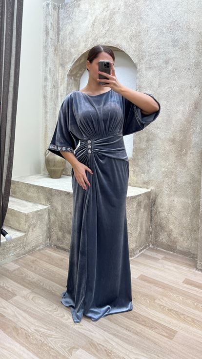 Grey Waist Detail Embroidered Design Velvet Plus Size Evening Dress