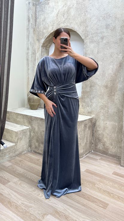 Grey Waist Detail Embroidered Design Velvet Plus Size Evening Dress
