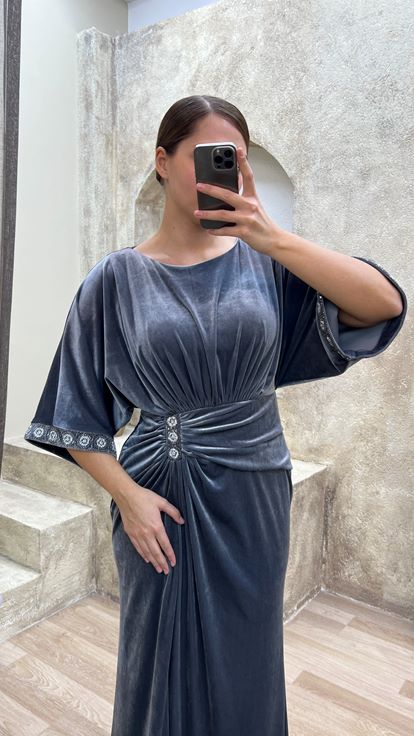 Grey Waist Detail Embroidered Design Velvet Plus Size Evening Dress