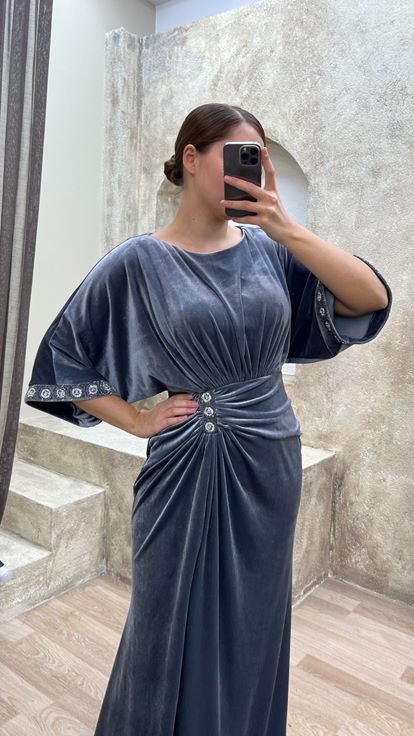Grey Waist Detail Embroidered Design Velvet Plus Size Evening Dress