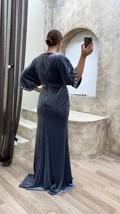 Grey Waist Detail Embroidered Design Velvet Plus Size Evening Dress