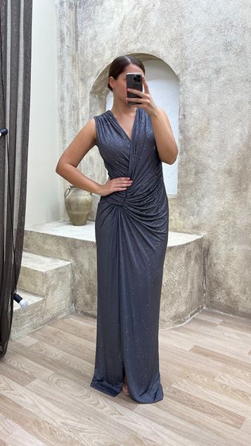 Grey V -Ceck Design Waist Design Abito Da Sera Di Grandi Dimensioni
