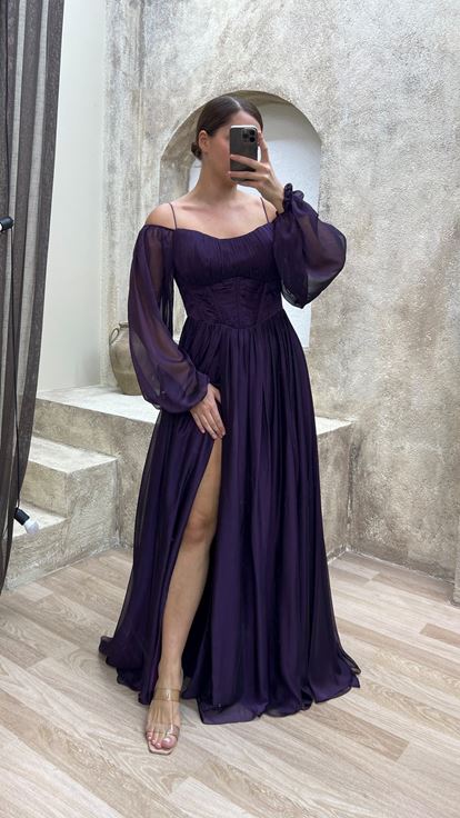 Plum Transparent Detail Design Chiffon Plus Size Evening Dress