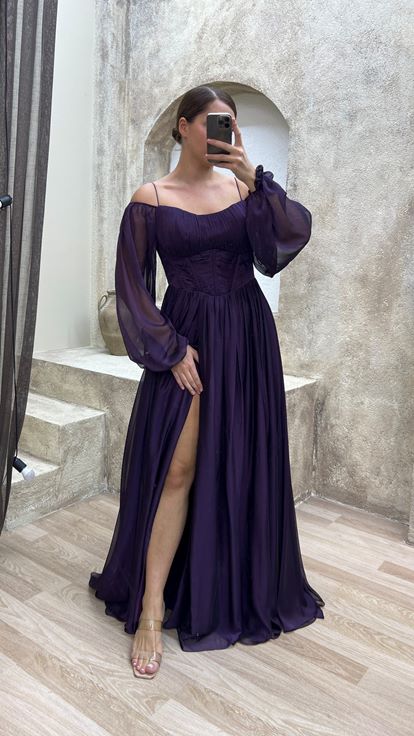 Plum Transparent Detail Design Chiffon Plus Size Evening Dress