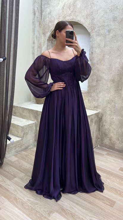 Plum Transparent Detail Design Chiffon Plus Size Evening Dress