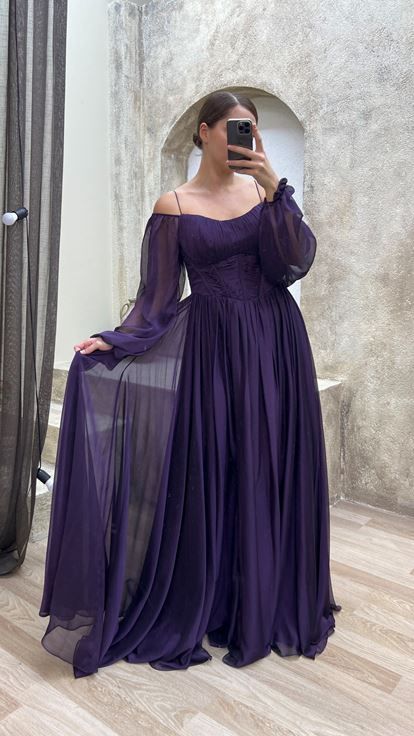 Plum Transparent Detail Design Chiffon Plus Size Evening Dress