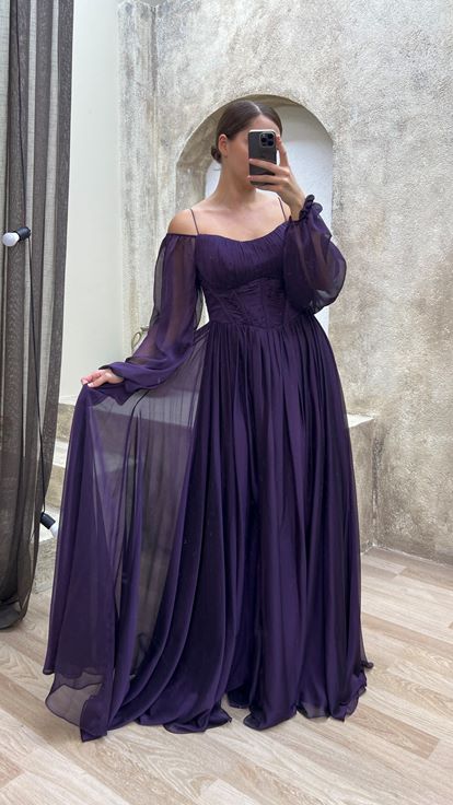Plum Transparent Detail Design Chiffon Plus Size Evening Dress
