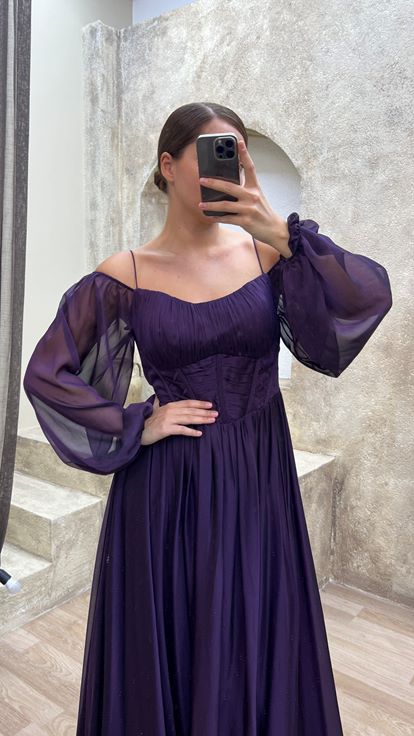 Plum Transparent Detail Design Chiffon Plus Size Evening Dress