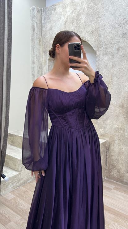 Plum Transparent Detail Design Chiffon Plus Size Evening Dress