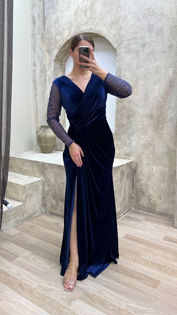 Navy Blue Waist Detail Design Velvet Plus Size Dress