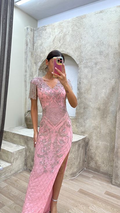 Powder V-Neck Shoulder Tassels Special Embroidered Design Evening Dress