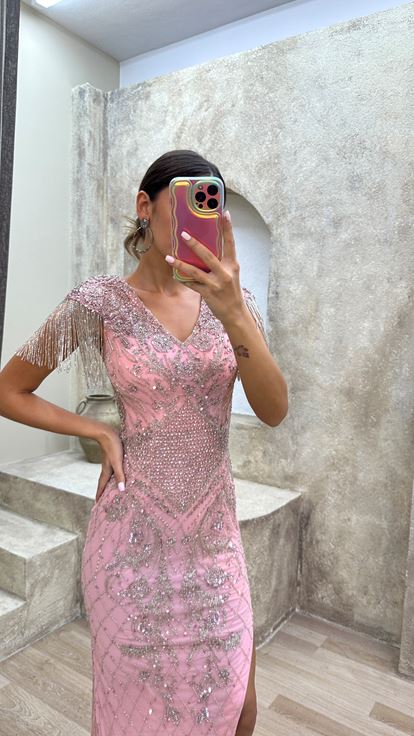 Powder V-Neck Shoulder Tassels Special Embroidered Design Evening Dress