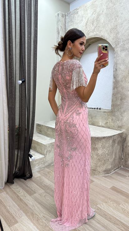 Powder V-Neck Shoulder Tassels Special Embroidered Design Evening Dress