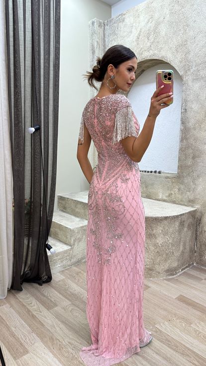 Powder V-Neck Shoulder Tassels Special Embroidered Design Evening Dress