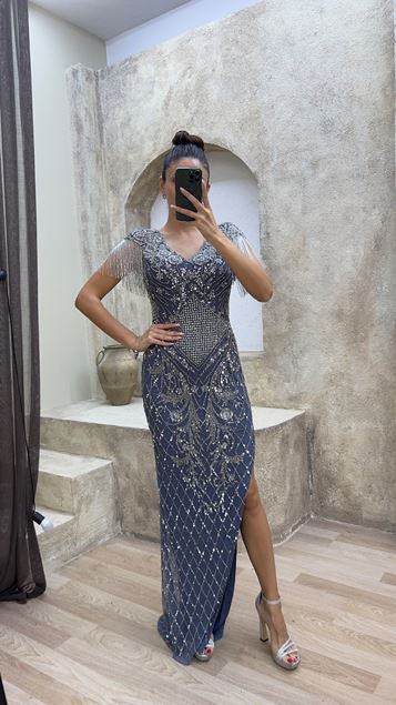 Indigo V-Neck Shoulders Tasseled Special Embroidered Design Evening Dress