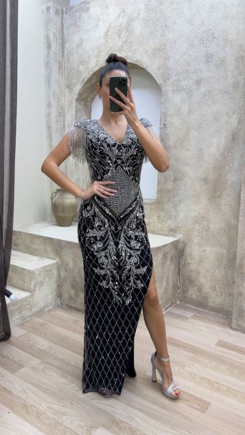 Black V-Neck Shoulder Tassels Special Embroidered Design Evening Dress