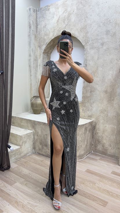 Black V-Neck Back Detail Special Embroidered Design Evening Dress