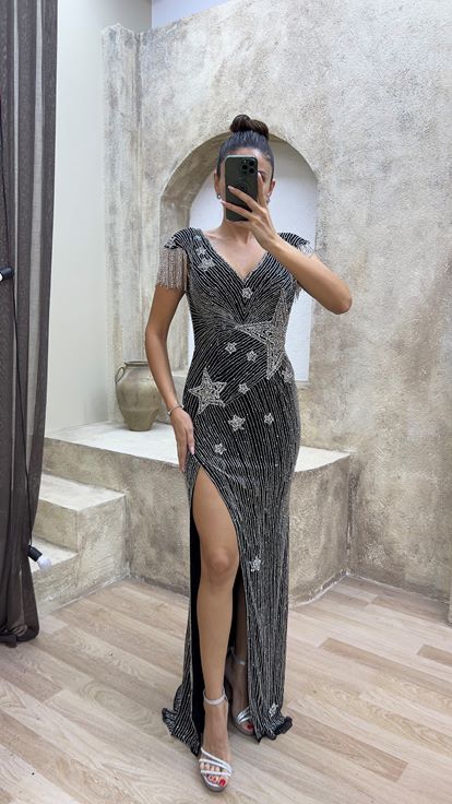 Black V-Neck Back Detail Special Embroidered Design Evening Dress