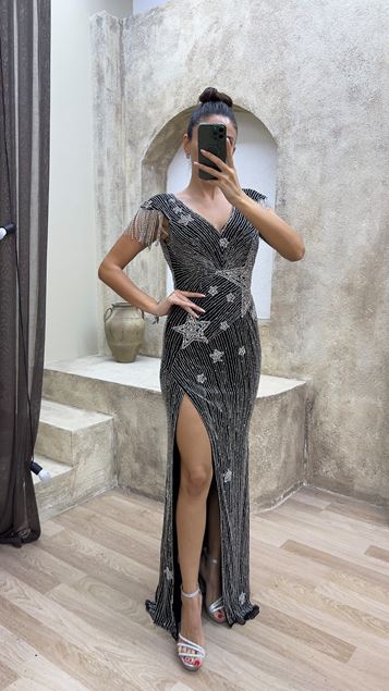 Black V-Neck Back Detail Special Embroidered Design Evening Dress