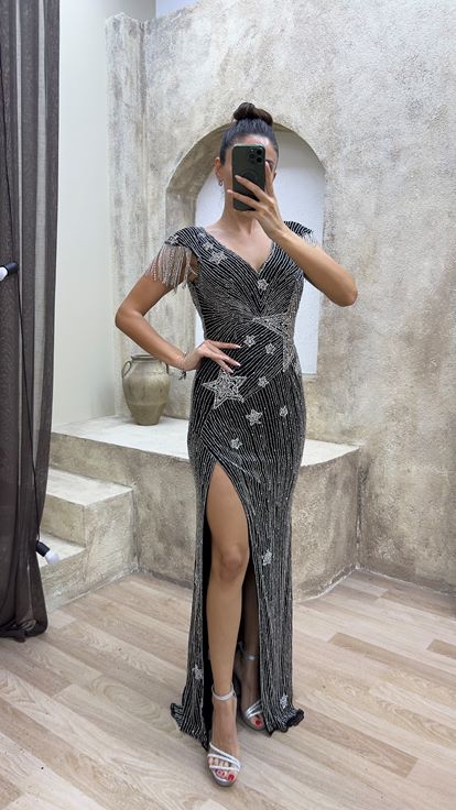 Black V-Neck Back Detail Special Embroidered Design Evening Dress